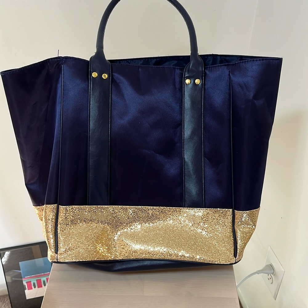 Satin navy tote with gold glitter